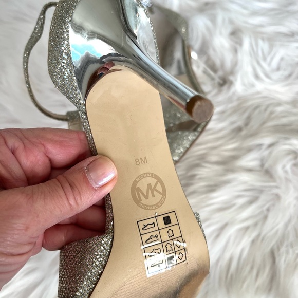 MICHAEL KORS•silver glitter T-strap peep toe stiletto heels 8 EUC - Picture 2 of 6